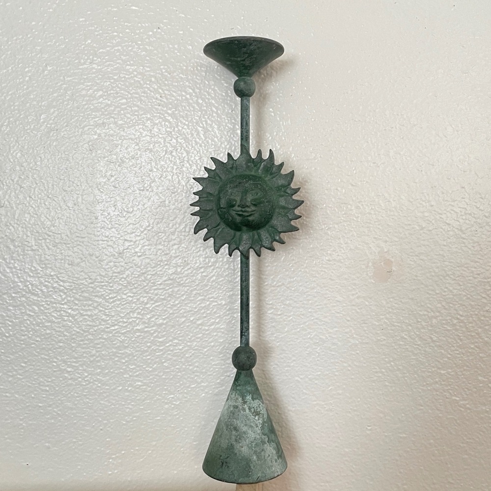 Vintage Verdigris Bronze Sun Face Taper Candle Holder Celestial Boho Decor 13.5"